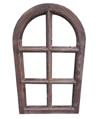 Deko-Impresion Kleineres Dekofenster Sprossenfenster Dekorahmen halbrund Holz braun 49 cm