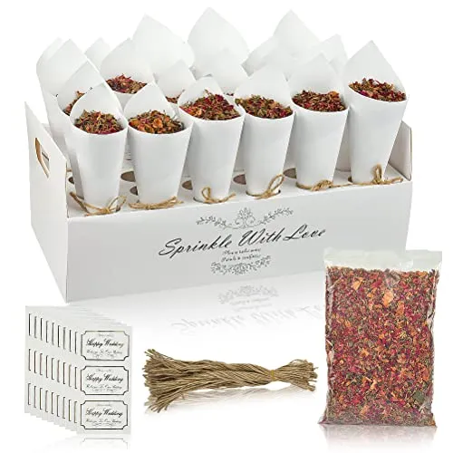 Hochzeit deko Konfetti Kegel Konfetti Kegelhalter, Kegel für Hochzeitskonfetti, 100g Blütenkonfetti, Kegel für Hochzeit Hochzeitskonfetti Set mit 30 Kraftpapier 30 Klebeband Juteschnur