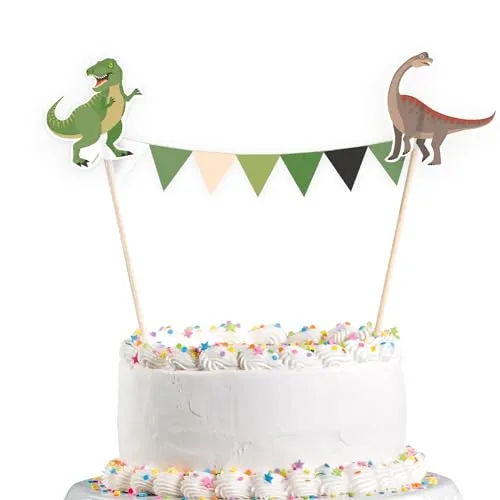 Amscan 9904170 - Kuchendekoration Wimpelkette Happy Dinosaurier, 15 x 20 cm, Tortendekoration, Kindergeburtstag