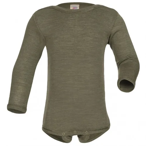 Baby Body Langarm Wolle Seide Engel Olive 74-80 - Bodys für Baby-Jungen, temperaturausgleichend und warm, mit Drucknöpfen für einfaches Anziehen, GOTS zertifiziert und Made in Germany.