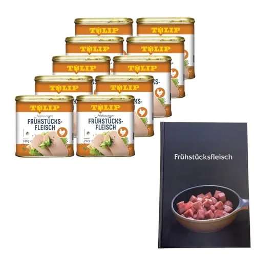 TULIP Frühstücksfleisch Hähnchen 340g mit Kochbuch - Genießen Sie die leichtere Variante des klassischen Frühstücksfleischs, hergestellt aus 80% bestem Hähnchenfleisch. Ideal für proteinreiche Mahlzeiten und kommt mit einem Kochbuch voller kreativer Rezepte!