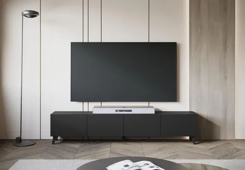 MINIO go for it, TV-Lowboard LOKET 190 cm – Elegantes Sideboard mit viel Stauraum und hohen Füßen, Graphit Schwarz Farbe