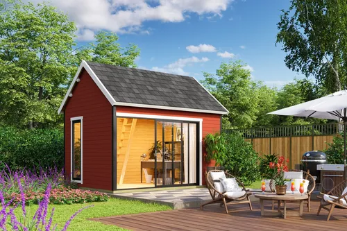 Gartenhaus Blockhaus Murano 2 rot 430x336 cm - Gartenhaus mit Satteldach und 44 mm Wandstärke, ideal für die Nutzung als Gartenlager oder Freizeitort. Abschließbar und mit Holz-Boden, bietet es 11.68 m² Nutzfläche.