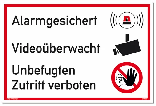 Schild Alarmgesichert Videoüberwacht Zutritt verboten weiß UV-Schutz 30x20cm
