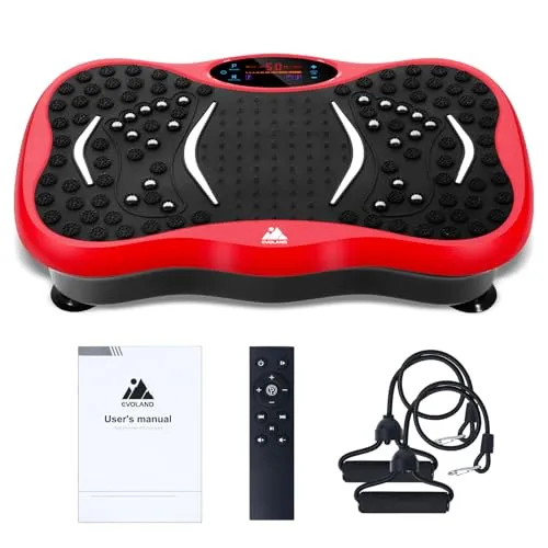EVOLAND Vibrationsplatte Trainingsgerät mit 5 Trainingsprogramme bis 99 Intensitätsstufen, Bluetooth Lautsprecher, Widerstandsbänder mit Griff für Ganzkörpertraining und Körperformung