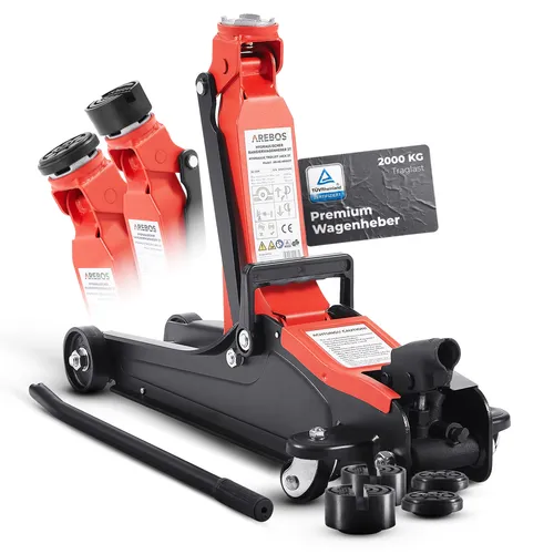 Arebos Rangierwagenheber AR-HE-HRW2 - Hydraulisch, 2 t Tragkraft - Kfz-Wagenheber mit 85-385 mm Hubhöhe. Ideal für SUVs und PKWs. Einfaches Pumpen durch lange Hubstange und 360° drehbare Rollen für müheloses Positionieren.