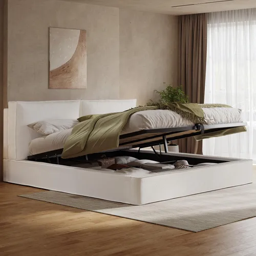 MODFU Polsterbett Komfortbett mit Stauraum (180x200 cm, Beige, Bouclé) - Elegantes Polsterbett mit hydraulischem Stauraum und dick gepolstertem Kopfteil. Ideal für moderne Schlafzimmer und bietet zusätzlichen Platz für Decken und Kleidung. Inklusive Lattenrost und Matratze für besten Schlafkomfort.