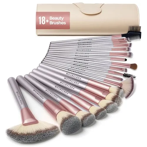 PORTENTUM Professionelle Kosmetik Make-Up 18 Stück Pinsel Werkzeuge Kosmetik Make-Up-Pinsel-Set Mit Roll Up Pu-Leder Tasche, Holzgriff