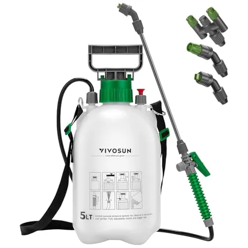 VIVOSUN Drucksprüher 5L Gartenspritze mit 3 Düsen, Druckentlastungsventil & Verstellbarem Tragegurt, Sprühflasche für Pflanzen Garten Rasenpflege Düngung & Reinigun, Weiß