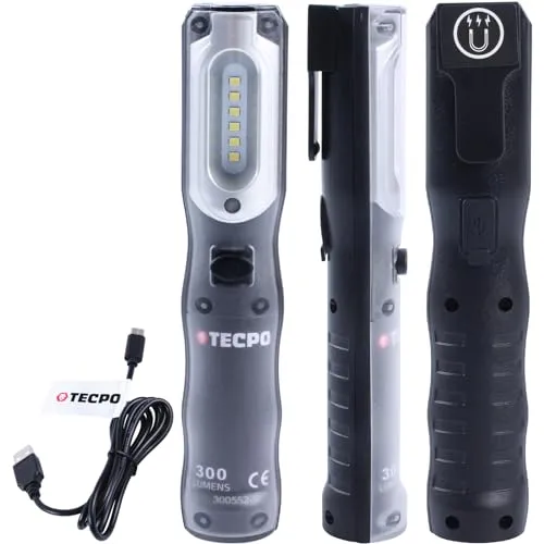 TECPO Werkstattlampe Akku LED Handlampe 300 Lumen 6500K Stablampe + USB Kabel