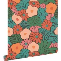 ESTAhome Tapete Blumen im Matisse-Stil Dunkelgrün Orange und Blau 50 x 900 cm