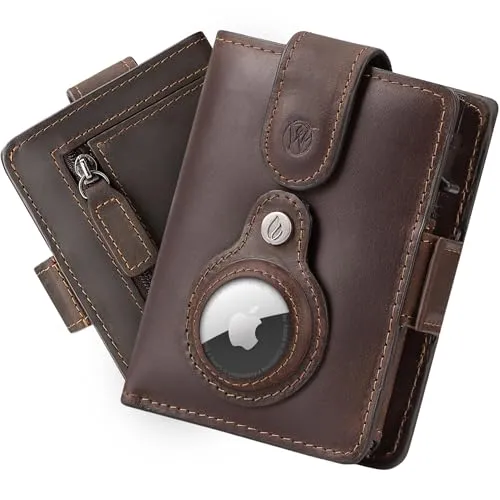 Will Fire® Smart Wallet Herren mit Airtag-Fach & Photokapsel | Inkl. Airtag Anhänger | Echtleder Airtag Wallet mit Münzfach & Scheinfach | RFID Schutz | Bis zu 12 Karten | [Coffee]