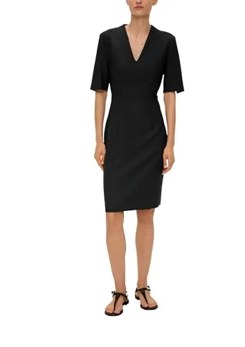 s.Oliver Damen Kleid 10.2.20.20.200.2134063 - Freizeitkleid in elegantem Schwarz mit V-Ausschnitt, Gehschlitz und verdecktem Reißverschluss – perfekt für stilvolle Anlässe. Kombinierbar mit passendem Blazer (Art. 2134056).