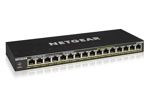 Netgear GS316PP - 16-Port Gigabit PoE Switch mit 183W, lüfterlos und ideal für IP-Kameras und Access Points