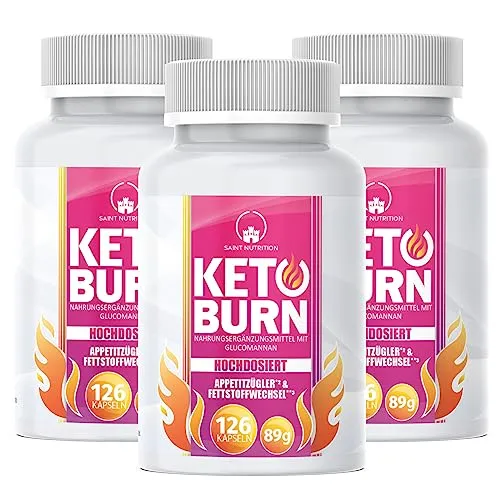 KETO BURN®* Appetitzügler* Kapseln 3er Pack, Abnehmen* & Stoffwechsel** EXTREM hochdosiert mit Glucomannan, Cholin, Vitamin B1 + Vitamin B6 für Frauen & Männer – Nahrungsergänzung schnell & stark