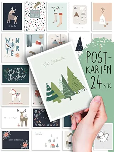 Spielefabrik Weihnachtskarten 24 Stück Postkarten, Grafisches Design, Boho Deko, Illustration, Weihnachtspostkarten, Weihnachten, Xmas, Set, Mix, Geschenk, Grußkarten, Geschenkkarten
