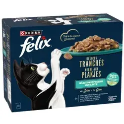 Felix Köstliche Scheibchen Fisch Selection mit Lachs, Thunfisch, Kabeljau, Scholle in Gelee Katzen-Nassfutter 12 x 80 g