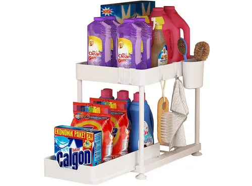 SURFOU Ablageregal Arbeitsplatte Badezimmer Schubladen Küchen Organizer Regal, Multifunktionales Spülschrankregal mit Schublade, 4 Haken und 1 Tassen, 2-Stufiges Lagerregal mit Ausziehbaren Schubladen