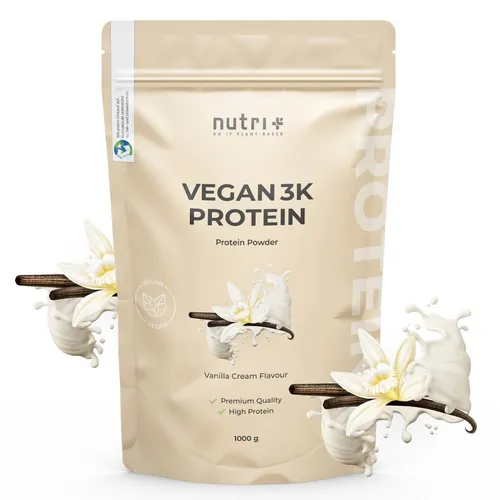 nutri+ Protein Pulver Vegan 3K - Vanille Creme, 1000 g - Veganer Proteinmix mit Soja- und Erbsenproteinisolat, ideal für Sportler. Schmeckt lecker nach Vanille Creme und unterstützt den Muskelaufbau.