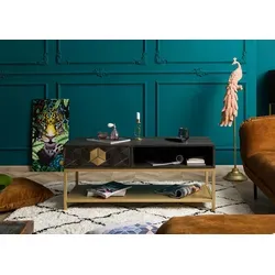 Massivmoebel24 Couchtisch DIAMOND – Eleganter Mango-Tisch mit Metallakzenten - Couchtisch aus Massivholz, kombiniert Mango und Metall für einen stilvollen Art déco Look. Mit praktischem Stauraum und goldenen Ornamenten für ein elegantes Ambiente in Ihrem Wohnzimmer.