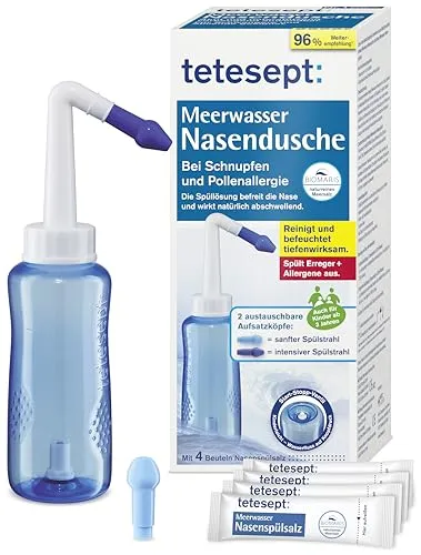 tetesept Meerwasser Nasendusche – Effektive Hilfe bei Schnupfen und Pollenallergie - Medikamente bei Allergien: Sanfte Nasenspülung mit Meersalz zur Linderung von Schnupfen und Allergien, inklusive 4 Beuteln Nasenspülsalz und kinderfreundlichen Aufsätzen.