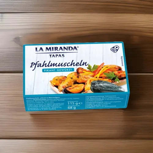 La Miranda Pfahlmuscheln Pikant Gewürzt 115g - Fisch- & Meeresfrüchtekonserven, aromatisch gewürzt und ideal für schnelle, schmackhafte Gerichte.
