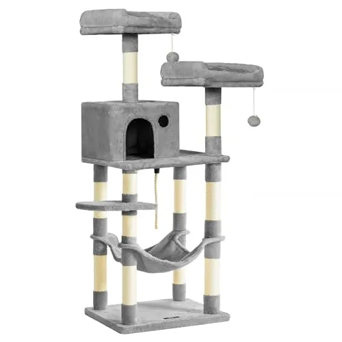 Feandrea Kratzbaum 143 cm - Mehrstöckiger Katzenbaum mit 11 Kratzsäulen - Aktivitätskratzbäume mit 2 Plattformen, 1 Kuschelhöhle und stabiler Hängematte für maximalen Komfort und Spielspaß für Ihre Katzen.