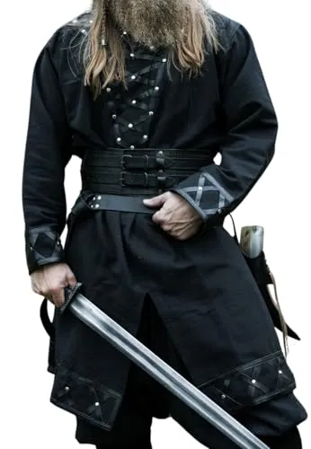 Leonardo Carbone® Wikinger Tunika Erik - Authentische Mittelalter Kleidung für Herren - Herrenhemden mit 100% Baumwolle und Echtlederapplikationen, ideal für LARP, Karneval und Mittelalterfeste. Erlebe echten Wikinger-Style und Komfort!
