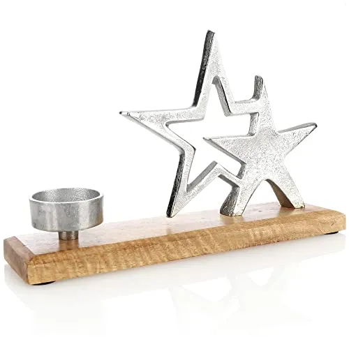 com-four® Kerzenhalter mit Deko-Figur - Dekorativer Kerzenständer aus vernickeltem Aluminium mit Mangoholz-Sockel - Teelichthalter für Kerzen Aller Art