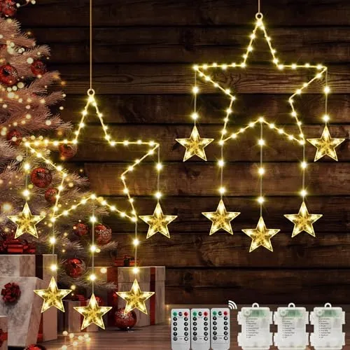 Therlan LED Fensterdeko Weihnachten Beleuchtet, 2 Stück Batterie 62 LEDs Sterne Weihnachtsbeleuchtung mit Timer, 8 Modi Speicherfunktion Weihnachtsstern Weihnachtsdeko Fenster Lichterketten Warmweißen