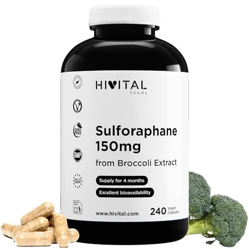Sulforaphan 150 mg. 240 vegane Kapseln für eine 4-monatige Kur. Natürlicher Brokkoliextrakt, 10:1 konzentriert, 10% Sulforaphan, liefert 150 mg Sulforaphan. Hergestellt von HIVITAL