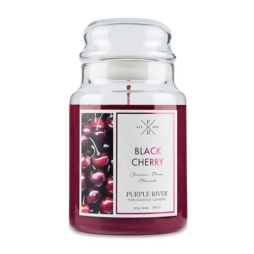 Duftkerze Purple River Black Cherry, handgegossen, Sojawachs, 623g, Brenndauer 140h, Glas, 2 Baumwolldochte