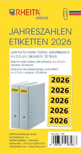 Jahreszahlen 2026 zur Ordnerbeschriftung pro Packung 50 Stück