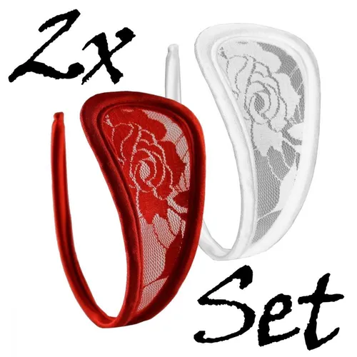 C-String Doppelpack Spitze Damen 2er Set Slip Mini Bikini Rot Weiß Tanga S/M/L