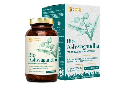 Nature Basics Bio Ashwagandha Kapseln – Vegan & Nachhaltig, 180 Stück - Hochdosierte Bio Ashwagandha Kapseln für 2 Monate, ideal zur Unterstützung des Hormonhaushalts und zur Förderung des Schlafs. 100% natürliche Zutaten, vegan und nachhaltig produziert.