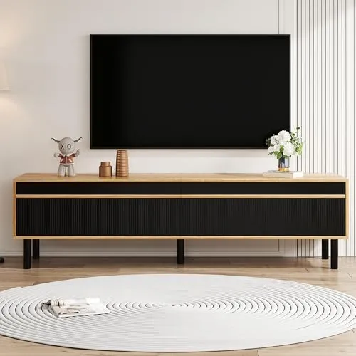 FammyLoft 170cm TV Lowboard mit 3 Türen, Stilvolle TV Schrank, Fernsehschrank für Fernseher 65 Zoll, Fernseher Schrank für Wohnzimmer, Schwarz und Naturholz