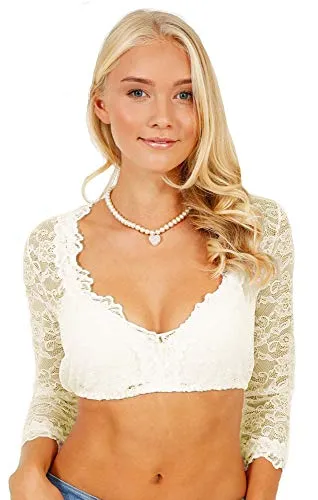 Krüger Damen Dirndlbluse Cassandra (25143) mit 3/4-Arm - Elegante Dirndlbluse von Krüger mit 3/4-Arm und geschickten Verzierungen am Ausschnitt, ideal für festliche Anlässe und das Oktoberfest.