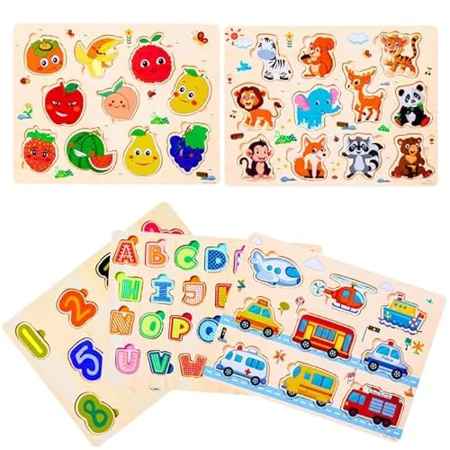 Purpledi Holzpuzzle, 5pcs Holzspielzeug ab Montessori-Spielzeug für Kinder ab 3 Jahren, Tier Holzpuzzle Puzzle Kleinkind Lernspielzeug für Kinder, Steckpuzzle für Jungen und Mädchen