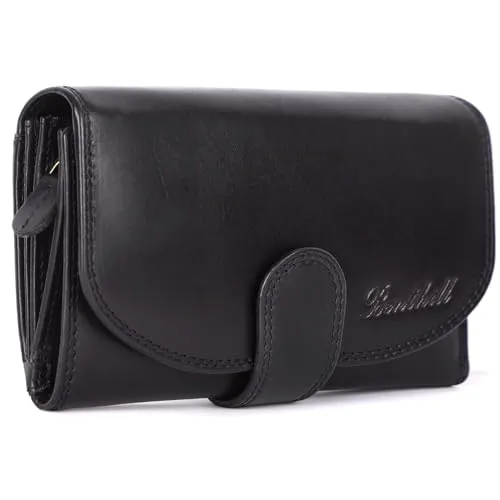 Benthill Geldbörse Damen - Vintage Echt Leder Portemonnaie mit RFID-Schutz - Geldbörse in Schwarz aus echtem Leder, ausgestattet mit RFID-Schutz und zahlreichen Kartenfächern für optimale Sicherheit und Organisation.