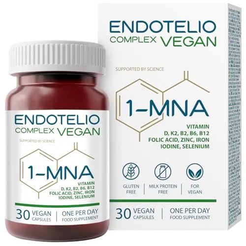 Endotelio 1-MNA Vegan, Optimierendes NAD+, Sirtuin-Aktivator, Anti Aging, Vitamine und Mineralien für Frauen und Männer, D3, K2, B2, B6, B12, Folsäure, Zink, Eisen, Jod, Selen, Biohacking, 30 Kapseln