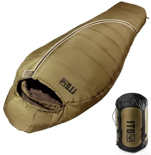 1TG Tactical Schlafsack 4 Jahreszeiten, Schlafsack Erwachsene, Kompakt & Warm für Outdoor. Camping, Trekking, Reisen(bis 185cm) (Coyote Braun)