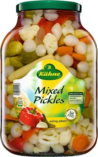 Kühne Mixed Pickles 2,45kg - Knackige Vielfalt für jeden Anlass - Eingelegte Mixed Pickles mit frischen Zutaten wie Gurken und Blumenkohl, ideal für Salate und als Snack.