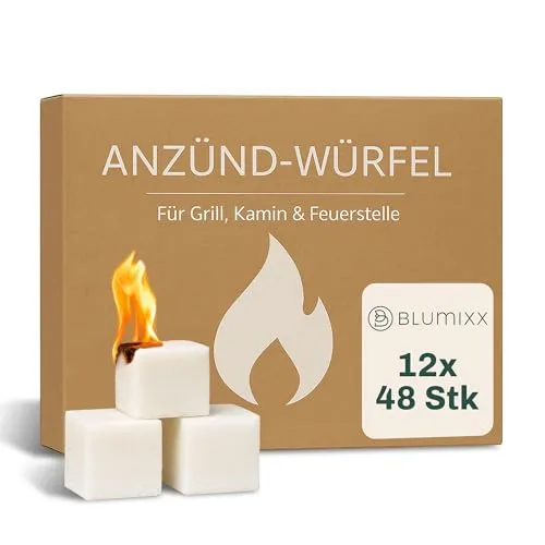 Blumixx Anzündwürfel – 12 Pakete = 576 Würfe, Grillanzünder, Kaminanzünder und Kohleanzünder – Perfektes Grill Zubehör für Kamin und Grill, Anzünder Würfel