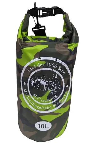 Dry Bag Trockensack Seesack 100% wasserdicht Packsack Tasche Beutel Wasssersport Kanu Kajak SUP Tauchen Schwimmen Baden Strand Angeln Campen wasserfest Schultergurt Drybag Grün Camouflage 10 Liter