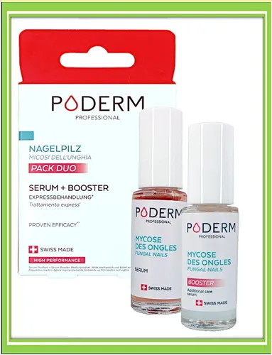 PODERM Nagelpilz-Behandlung, 2 Stück - Reinigendes Serum und Booster zur Unterstützung der Nagelpflege. Einfach anzuwenden, für schöne und gepflegte Nägel. Schweizer Qualität mit natürlichen Inhaltsstoffen.