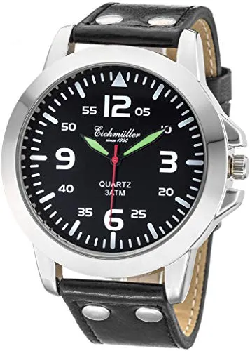 Eichmüller Quarzuhr RE1009 - Herrenuhr mit schwarzem Lederarmband - Armbanduhren mit hochwertigem Quarz-Uhrwerk, spritzwassergeschützt und eleganter 45 mm Durchmesser, ideal für stilbewusste Herren.