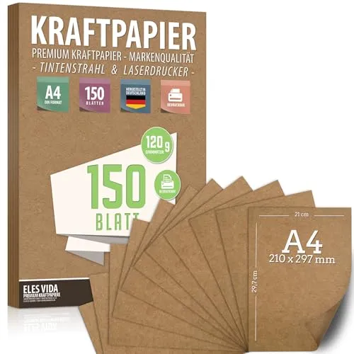 Blatt Kraftpapier A4 Set - 120 g - 21 x 29,7 cm - DIN Format - Bastelpapier & Naturkarton Pappe Blätter aus Kraftkarton zum Drucken, Kartonpapier Basteln für Vintage Hochzeit Geschenke Etiketten 150