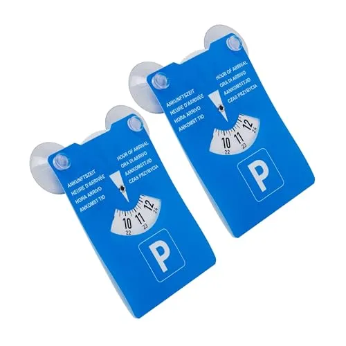 Parkscheibe mit Saugnäpfen, 2 Stück, in Blau, aus Pappe, doppelseitig einstellbar, Parkuhr mit acht Sprachen, für Auto, LKW, Wohnmobil, Parking Disc, Parkscheiben, Parkkarte mit Saugnapf Befestigung