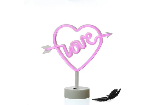 SATISFIRE LED Dekolicht LED Neonlicht LOVE pinkes Herz mit Pfeil Neonschild USB Batterie 25cm, LED Classic, violett