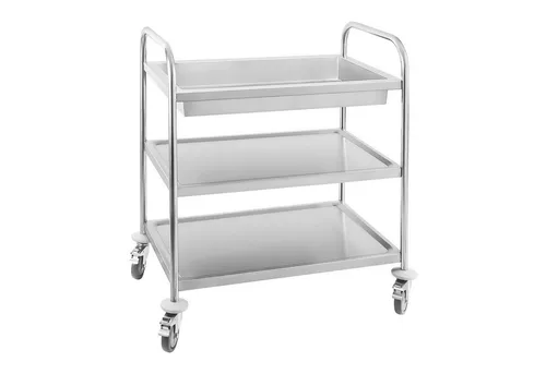 Royal Catering Servierwagen RCGW 1 - Edelstahl Küchenwagen mit 3 Etagen - Beistellwagen - bis 500 kg belastbar, ideal für Gastronomie mit leisen, schwenkbaren Rollen und Anti-Schock-Design für komfortables Arbeiten.